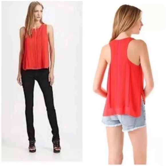 DVF Diane Von Furstenberg Red Orange Plunge V-Neck Ruched Sleeveless Top 2 XS - Picture 2 of 5
